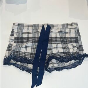 Aerie Plaid Pajama Shorts with Lace Trim - Blue and Gray
